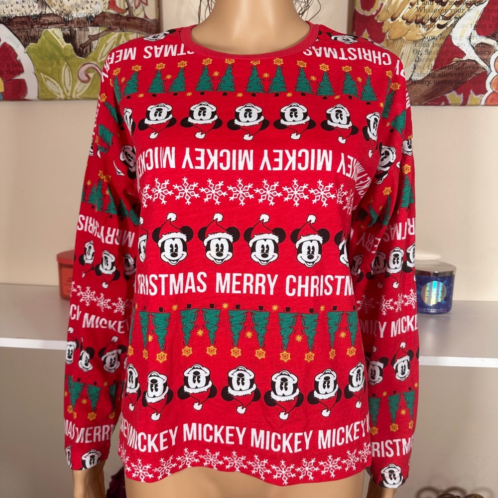 Disney Mickey Mouse Christmas Pajama Shirt Red Holiday Fair Isle Sleep Top